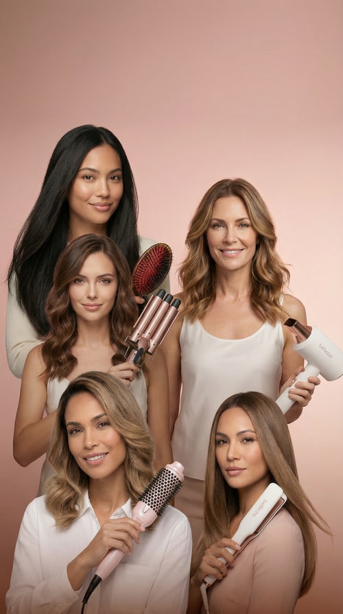 AI Design for Use the uploaded product image as pixel-truth. Do not alter the product in any way (shape, colors, logos, labels, text, surface details). Do not redraw it.
A high-end studio beauty group portrait featuring the same five women and the same Bellezza tools from the uploaded reference banners, re-composed so they look like they were photographed together in one real shoot. Preserve each woman’s exact face, hairstyle, skin tone, outfit, and pose as closely as possible; preserve each tool exactly (no redesigns, no new models, no swapped colors, no extra logos). Place all five subjects in a natural grouped formation (staggered heights, slight overlaps, believable spacing), all facing camera with cohesive expressions. Use one shared continuous blush→peach gradient studio background (identical backdrop for everyone) and perfectly matched lighting across all subjects: same key direction, same shadow softness, consistent rim light and highlights on hair and tools, unified white balance and contrast. Match scale so heads align realistically (no giant/small mismatches), keep edges clean (no cutout halos), maintain realistic hands/fingers and tool grips. Composition: premium campaign banner, 16:9 horizontal, centered group with clean negative space at top for navigation. Photo style: editorial beauty photography, 85mm, f/4, ISO 100, 1/160, large softbox key + subtle fill + gentle rim, clean skin retouch (natural texture), crisp hair detail. Avoid: grid/rows/tiles, duplicated people, extra tools, background props, text, warped anatomy, changing anyone’s identity.