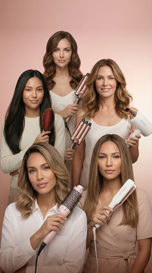 AI Design for Use the uploaded product image as pixel-truth. Do not alter the product in any way (shape, colors, logos, labels, text, surface details). Do not redraw it.
A high-end studio beauty group portrait featuring the same five women and the same Bellezza tools from the uploaded reference banners, re-composed so they look like they were photographed together in one real shoot. Preserve each woman’s exact face, hairstyle, skin tone, outfit, and pose as closely as possible; preserve each tool exactly (no redesigns, no new models, no swapped colors, no extra logos). Place all five subjects in a natural grouped formation (staggered heights, slight overlaps, believable spacing), all facing camera with cohesive expressions. Use one shared continuous blush→peach gradient studio background (identical backdrop for everyone) and perfectly matched lighting across all subjects: same key direction, same shadow softness, consistent rim light and highlights on hair and tools, unified white balance and contrast. Match scale so heads align realistically (no giant/small mismatches), keep edges clean (no cutout halos), maintain realistic hands/fingers and tool grips. Composition: premium campaign banner, 16:9 horizontal, centered group with clean negative space at top for navigation. Photo style: editorial beauty photography, 85mm, f/4, ISO 100, 1/160, large softbox key + subtle fill + gentle rim, clean skin retouch (natural texture), crisp hair detail. Avoid: grid/rows/tiles, duplicated people, extra tools, background props, text, warped anatomy, changing anyone’s identity.