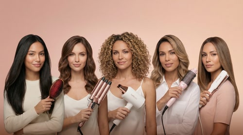 AI Design for Use the uploaded product image as pixel-truth. Do not alter the product in any way (shape, colors, logos, labels, text, surface details). Do not redraw it.
A high-end studio beauty group portrait featuring the same five women and the same Bellezza tools from the uploaded reference banners, re-composed so they look like they were photographed together in one real shoot. Preserve each woman’s exact face, hairstyle, skin tone, outfit, and pose as closely as possible; preserve each tool exactly (no redesigns, no new models, no swapped colors, no extra logos). Place all five subjects in a natural grouped formation (staggered heights, slight overlaps, believable spacing), all facing camera with cohesive expressions. Use one shared continuous blush→peach gradient studio background (identical backdrop for everyone) and perfectly matched lighting across all subjects: same key direction, same shadow softness, consistent rim light and highlights on hair and tools, unified white balance and contrast. Match scale so heads align realistically (no giant/small mismatches), keep edges clean (no cutout halos), maintain realistic hands/fingers and tool grips. Composition: premium campaign banner, 16:9 horizontal, centered group with clean negative space at top for navigation. Photo style: editorial beauty photography, 85mm, f/4, ISO 100, 1/160, large softbox key + subtle fill + gentle rim, clean skin retouch (natural texture), crisp hair detail. Avoid: grid/rows/tiles, duplicated people, extra tools, background props, text, warped anatomy, changing anyone’s identity.