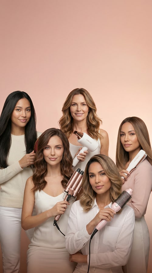 AI Design for Use the uploaded product image as pixel-truth. Do not alter the product in any way (shape, colors, logos, labels, text, surface details). Do not redraw it.
A high-end studio beauty group portrait featuring the same five women and the same Bellezza tools from the uploaded reference banners, re-composed so they look like they were photographed together in one real shoot. Preserve each woman’s exact face, hairstyle, skin tone, outfit, and pose as closely as possible; preserve each tool exactly (no redesigns, no new models, no swapped colors, no extra logos). Place all five subjects in a natural grouped formation (staggered heights, slight overlaps, believable spacing), all facing camera with cohesive expressions. Use one shared continuous blush→peach gradient studio background (identical backdrop for everyone) and perfectly matched lighting across all subjects: same key direction, same shadow softness, consistent rim light and highlights on hair and tools, unified white balance and contrast. Match scale so heads align realistically (no giant/small mismatches), keep edges clean (no cutout halos), maintain realistic hands/fingers and tool grips. Composition: premium campaign banner, 16:9 horizontal, centered group with clean negative space at top for navigation. Photo style: editorial beauty photography, 85mm, f/4, ISO 100, 1/160, large softbox key + subtle fill + gentle rim, clean skin retouch (natural texture), crisp hair detail. Avoid: grid/rows/tiles, duplicated people, extra tools, background props, text, warped anatomy, changing anyone’s identity.