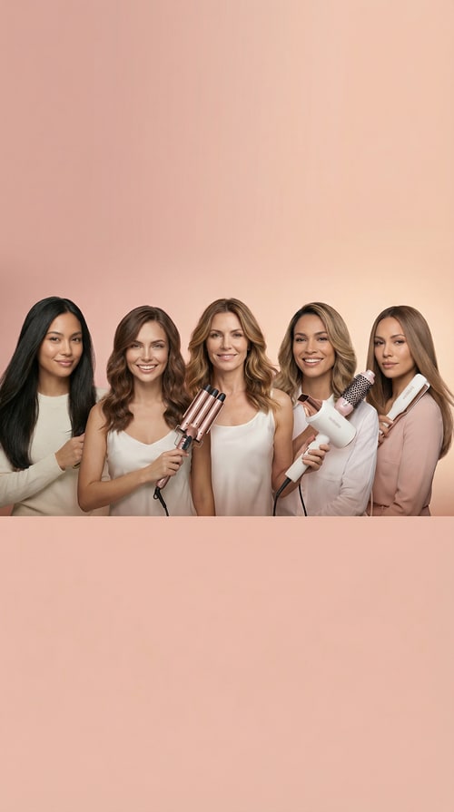 AI Design for Use the uploaded product image as pixel-truth. Do not alter the product in any way (shape, colors, logos, labels, text, surface details). Do not redraw it.
A high-end studio beauty group portrait featuring the same five women and the same Bellezza tools from the uploaded reference banners, re-composed so they look like they were photographed together in one real shoot. Preserve each woman’s exact face, hairstyle, skin tone, outfit, and pose as closely as possible; preserve each tool exactly (no redesigns, no new models, no swapped colors, no extra logos). Place all five subjects in a natural grouped formation (staggered heights, slight overlaps, believable spacing), all facing camera with cohesive expressions. Use one shared continuous blush→peach gradient studio background (identical backdrop for everyone) and perfectly matched lighting across all subjects: same key direction, same shadow softness, consistent rim light and highlights on hair and tools, unified white balance and contrast. Match scale so heads align realistically (no giant/small mismatches), keep edges clean (no cutout halos), maintain realistic hands/fingers and tool grips. Composition: premium campaign banner, 16:9 horizontal, centered group with clean negative space at top for navigation. Photo style: editorial beauty photography, 85mm, f/4, ISO 100, 1/160, large softbox key + subtle fill + gentle rim, clean skin retouch (natural texture), crisp hair detail. Avoid: grid/rows/tiles, duplicated people, extra tools, background props, text, warped anatomy, changing anyone’s identity.
