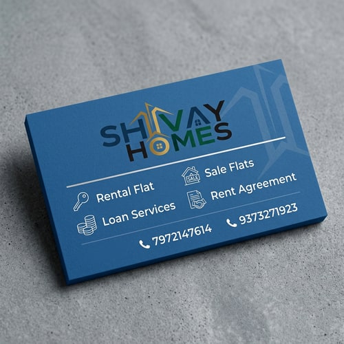 AI Design for Design a clean and professional business card for a real estate company named SHIVAY HOMES. The card should include the following services: Rental Flat | Sale Flats | Loan Services | Rent Agreement. Use a modern layout with clear typography and subtle real estate-themed elements (like buildings or home icons). Include contact numbers: 7972147614 and 9373271923. Choose a color scheme that conveys trust and professionalism, such as blue, white, and grey. Keep the design minimal, elegant, and easy to read. use above attached shivay  homes logo  without  white background
