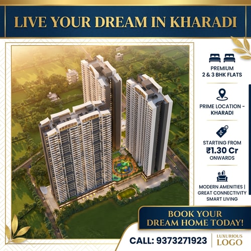 AI Design for Design a modern, eye-catching real estate flyer for premium residential apartments. Use a clean and luxurious layout with a warm, inviting color palette (gold, white, and deep blue tones). Include a high-quality image of contemporary apartment buildings with greenery and urban surroundings. Add bold, attractive headline text: “Live Your Dream in Kharadi” Include short, catchy content lines: “Premium 2 & 3 BHK Flats” “Prime Location – Kharadi” “Starting from ₹1.30 Cr Onwards” “Modern Amenities | Great Connectivity | Smart Living” Add a strong call-to-action: “Book Your Dream Home Today!” create a image using this prompt edit it to change light  colour and image design
make some mode design add contact number 9373271923