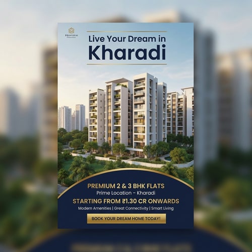 AI Design for A modern, luxurious real estate flyer image design for premium apartments in Kharadi. Use an elegant color palette of gold, white, and deep blue. Include a high-quality image of contemporary apartment buildings with lush greenery and an urban skyline. Clean, minimal, and premium layout with soft lighting and stylish typography.

Text on flyer:

“Live Your Dream in Kharadi” (bold, large headline)

“Premium 2 & 3 BHK Flats ”  (bold, large headline)

“Prime Location – Kharadi”

“Starting from ₹1.30 Cr Onwards”  (bold, large headline)

“Modern Amenities | Great Connectivity | Smart Living”

“Book Your Dream Home Today!” (strong call-to-action)