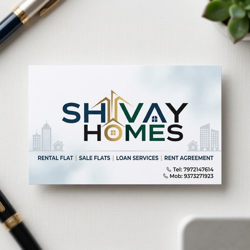 AI Design for make the above image straight and visible card in  little light blur  shade Design a clean and professional business card for a real estate company named SHIVAY HOMES. The card should include the following services: Rental Flat | Sale Flats | Loan Services | Rent Agreement. Use a modern layout with clear typography and subtle real estate-themed elements (like buildings or home icons). Include contact numbers: 7972147614 and 9373271923. Choose a color scheme that conveys trust and professionalism, such as blue, white, and grey. Keep the design minimal, elegant, and easy to read. use above attached shivay  homes logo  without back ground