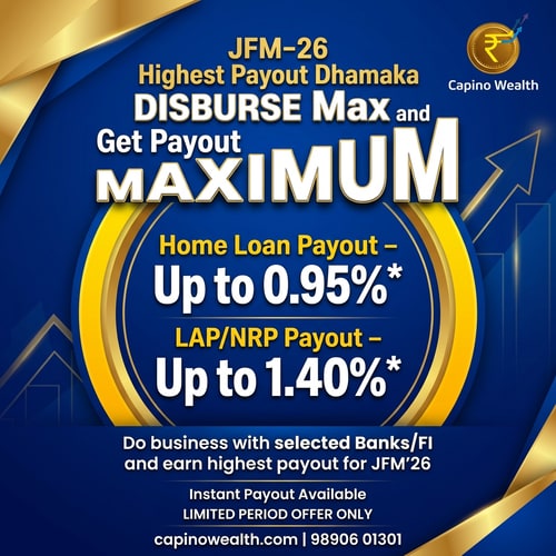AI Design for A high-impact corporate flyer design promoting the JFM-26 Highest Payout contest focused on Home Loan and LAP/NRP disbursement incentives, visually emphasizing maximization and rapid reward — Dynamic and hierarchical layout suitable for a digital banner; centrally placing the key offer percentages within a bold circular graphic device, with strong visual emphasis on the upward progression of the word "MAXIMUM" — High-energy, attractive, and finance-appropriate colors: deep royal blue, metallic gold, and vibrant yellow, with stark white text for maximum contrast — Studio lighting, clean and highly
optimized for digital display, creating reflective surfaces and sharp shadows; mood is urgent, rewarding, and highly professional — Modern corporate graphic design, 3D vector rendering, sleek and sharp, optimized for immediate readability — Integrate the full text: "JFM-26 Highest Payout Dhamaka DISBURSE Max and Get Payout MAXIMUM," "Do business with selected Banks/FI and earn highest payout for JFM’26," "Home Loan Payout – Up to 0.95%," "LAP/NRP Payout – Up to 1.40%," "Instant Payout Available," and "LIMITED PERIOD OFFER ONLY." The letters M-A-X-I-M-U-M must sequentially increase in size from left to right; the two payout percentages ("Home Loan Payout – Up to 0.95%*" and "LAP/NRP Payout – Up to 1.40%*") must be prominently enclosed within a single circle graphic; keep text/logos/labels EXACTLY unchanged; no rewriting, redrawing, correcting, or adding any text — Clean, abstract gradient background subtly featuring geometric lines suggesting rapid financial ascent.
add capinowealth.com and contact number 98906 01301 add this capino wealath logo in right top corner