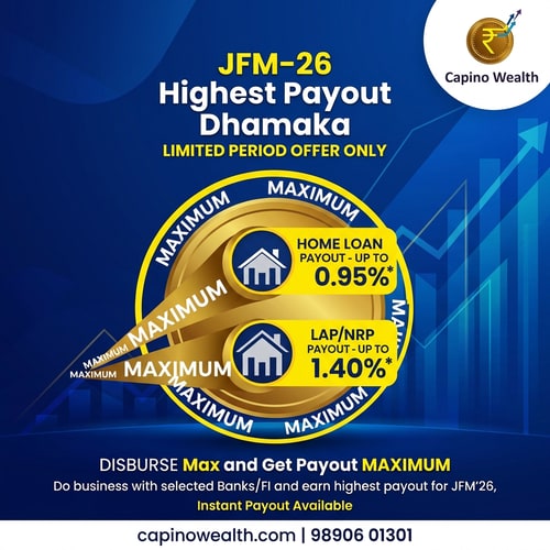 AI Design for A high-impact corporate flyer design promoting the JFM-26 Highest Payout contest focused on Home Loan and LAP/NRP disbursement incentives, visually emphasizing maximization and rapid reward — Dynamic and hierarchical layout suitable for a digital banner; centrally placing the key offer percentages within a bold circular graphic device, with strong visual emphasis on the upward progression of the word "MAXIMUM" — High-energy, attractive, and finance-appropriate colors: deep royal blue, metallic gold, and vibrant yellow, with stark white text for maximum contrast — Studio lighting, clean and highly
optimized for digital display, creating reflective surfaces and sharp shadows; mood is urgent, rewarding, and highly professional — Modern corporate graphic design, 3D vector rendering, sleek and sharp, optimized for immediate readability — Integrate the full text: "JFM-26 Highest Payout Dhamaka DISBURSE Max and Get Payout MAXIMUM," "Do business with selected Banks/FI and earn highest payout for JFM’26," "Home Loan Payout – Up to 0.95%," "LAP/NRP Payout – Up to 1.40%," "Instant Payout Available," and "LIMITED PERIOD OFFER ONLY." The letters M-A-X-I-M-U-M must sequentially increase in size from left to right; the two payout percentages ("Home Loan Payout – Up to 0.95%*" and "LAP/NRP Payout – Up to 1.40%*") must be prominently enclosed within a single circle graphic; keep text/logos/labels EXACTLY unchanged; no rewriting, redrawing, correcting, or adding any text — Clean, abstract gradient background subtly featuring geometric lines suggesting rapid financial ascent.
add capinowealth.com and contact number 98906 01301 add this capino wealath logo in right top corner create new image
