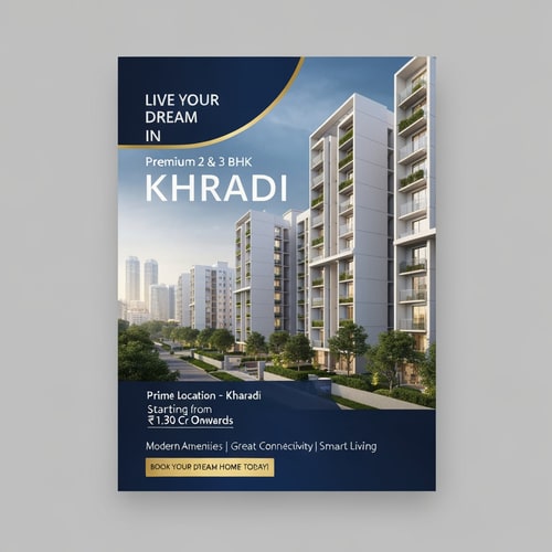AI Design for A modern, luxurious real estate flyer design for premium apartments in Kharadi. Use an elegant color palette of gold, white, and deep blue. Include a high-quality image of contemporary apartment buildings with lush greenery and an urban skyline. Clean, minimal, and premium layout with soft lighting and stylish typography.

Text on flyer:

“Live Your Dream in Kharadi” (bold, large headline)

“Premium 2 & 3 BHK Flats”

“Prime Location – Kharadi”

“Starting from ₹1.30 Cr Onwards”

“Modern Amenities | Great Connectivity | Smart Living”

“Book Your Dream Home Today!” (strong call-to-action)