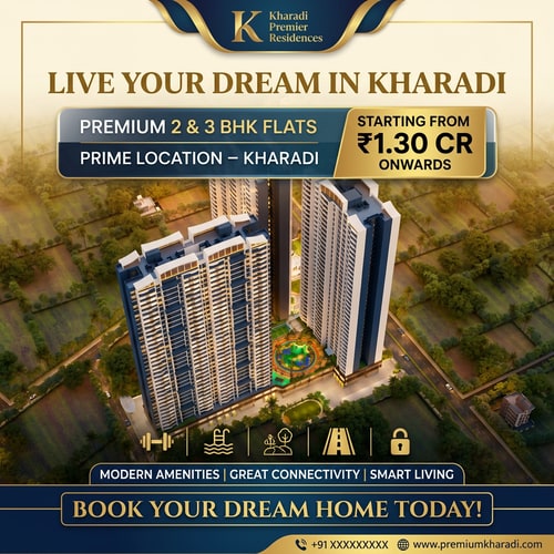 AI Design for Design a modern, eye-catching real estate flyer for premium residential apartments. Use a clean and luxurious layout with a warm, inviting color palette (gold, white, and deep blue tones). Include a high-quality image of contemporary apartment buildings with greenery and urban surroundings. Add bold, attractive headline text: “Live Your Dream in Kharadi” Include short, catchy content lines: “Premium 2 & 3 BHK Flats” “Prime Location – Kharadi” “Starting from ₹1.30 Cr Onwards” “Modern Amenities | Great Connectivity | Smart Living” Add a strong call-to-action: “Book Your Dream Home Today!” create aimage using this prompt edit it to change colour and image design