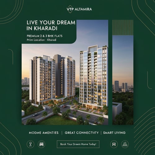 AI Design for Design a modern, eye-catching real estate flyer for a premium residential project inspired by VTP Altamira, Kharadi, Pune. Use a sophisticated color palette of emerald green, matte black, soft beige, and subtle gold accents to create a luxurious and upscale feel.

IMPORTANT: Use a building image that closely resembles the actual VTP Altamira project — contemporary high-rise towers with sleek glass façades, modern balconies, and signature architectural style. Ensure the structure looks realistic, premium, and similar to upscale developments in Kharadi.

Include landscaped gardens, open spaces, and a well-planned township environment. Show the buildings during golden hour or twilight with warm lighting and a subtle city skyline in the background.

Use a clean, premium layout with soft shadows, smooth gradients, and elegant, high-end typography. Maintain proper spacing for a professional brochure-like appearance.

Add bold headline:
“Live Your Dream in Kharadi”

Add content lines:
“Premium 2 & 3 BHK Flats”
“Prime Location – Kharadi”
“Starting from ₹1.30 Cr Onwards”
“Modern Amenities | Great Connectivity | Smart Living”

Add a strong call-to-action in a highlighted button style:
“Book Your Dream Home Today!”

Include minimal, modern icons representing gym, parking, security, and landscaped garden.

Make the flyer look like a luxury real estate advertisement suitable for Instagram, WhatsApp marketing, and print.