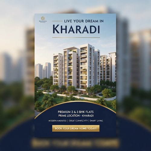 AI Design for A modern, luxurious real estate flyer design for premium apartments in Kharadi. Use an elegant color palette of gold, white, and deep blue. Include a high-quality image of contemporary apartment buildings with lush greenery and an urban skyline. Clean, minimal, and premium layout with soft lighting and stylish typography.

Text on flyer:

“Live Your Dream in Kharadi” (bold, large headline)

“Premium 2 & 3 BHK Flats”

“Prime Location – Kharadi”

“Starting from ₹1.30 Cr Onwards”

“Modern Amenities | Great Connectivity | Smart Living”

“Book Your Dream Home Today!” (strong call-to-action)