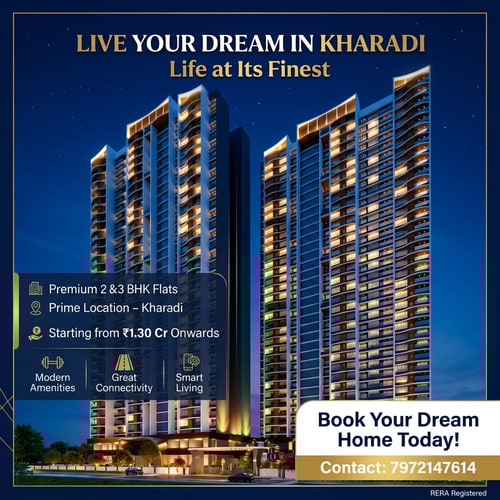 AI Design for Design a modern, eye-catching real estate flyer for premium residential apartments. Use a clean and luxurious layout with a warm, inviting color palette (gold, white, and deep blue tones). Include a high-quality image of contemporary apartment buildings with greenery and urban surroundings. Add bold, attractive headline text: “Live Your Dream in Kharadi” Include short, catchy content lines: “Premium 2 & 3 BHK Flats” “Prime Location – Kharadi” “Starting from ₹1.30 Cr Onwards” “Modern Amenities | Great Connectivity | Smart Living” Add a strong call-to-action: “Book Your Dream Home Today!” create a image using this prompt edit it to change light  colour and image design
make some mode design add contact number 7972147614
and add tag line "Life at Its Finest"
use attach image in background
