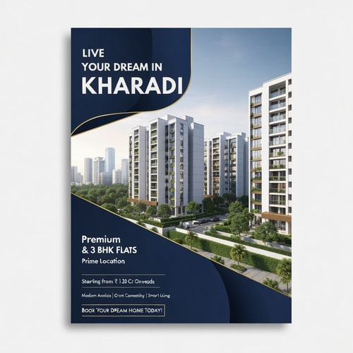 AI Design for A modern, luxurious real estate flyer design for premium apartments in Kharadi. Use an elegant color palette of gold, white, and deep blue. Include a high-quality image of contemporary apartment buildings with lush greenery and an urban skyline. Clean, minimal, and premium layout with soft lighting and stylish typography.

Text on flyer:

“Live Your Dream in Kharadi” (bold, large headline)

“Premium 2 & 3 BHK Flats”

“Prime Location – Kharadi”

“Starting from ₹1.30 Cr Onwards”

“Modern Amenities | Great Connectivity | Smart Living”

“Book Your Dream Home Today!” (strong call-to-action)