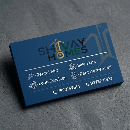 AI Design for Design a clean and professional business card for a real estate company named SHIVAY HOMES. The card should include the following services: Rental Flat | Sale Flats | Loan Services | Rent Agreement. Use a modern layout with clear typography and subtle real estate-themed elements (like buildings or home icons). Include contact numbers: 7972147614 and 9373271923. Choose a color scheme that conveys trust and professionalism, such as blue, white, and grey. Keep the design minimal, elegant, and easy to read. use above attached shivay  homes logo  without back ground 
make a bussiness card use same 2nd image