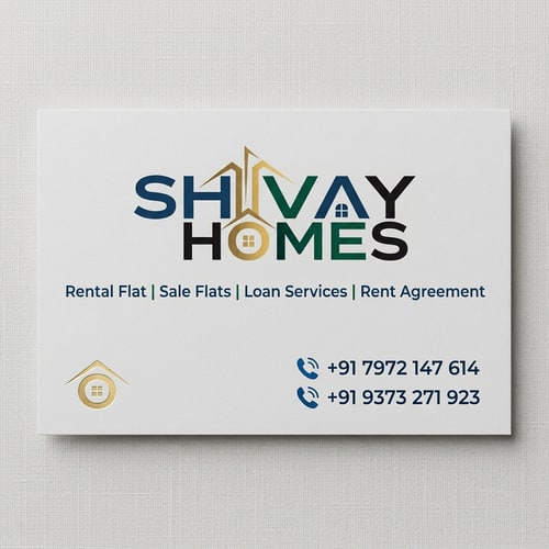 AI Design for Design a clean and professional business card for a real estate company named SHIVAY HOMES. The card should include the following services: Rental Flat | Sale Flats | Loan Services | Rent Agreement. Use a modern layout with clear typography and subtle real estate-themed elements (like buildings or home icons). Include contact numbers: 7972147614 and 9373271923. Choose a color scheme that conveys trust and professionalism, such as blue, white, and grey. Keep the design minimal, elegant, and easy to read. use above attached shivay  homes logo  without back ground 
make a bussiness card