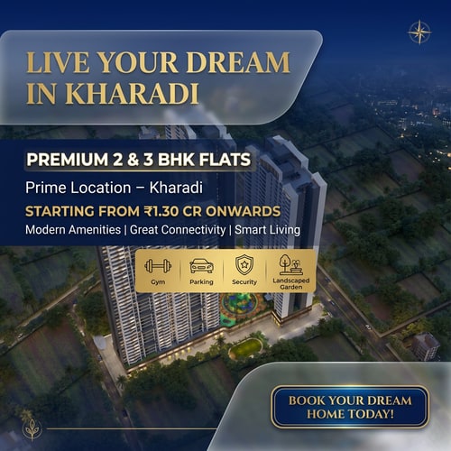 AI Design for Design a modern, eye-catching real estate flyer for a premium residential project inspired by VTP Altamira, Kharadi, Pune.

IMPORTANT: Use the attached building image as the main background. Blend it smoothly with design elements using overlays and gradients. Ensure the building remains clearly visible and looks premium.

Use a sophisticated color palette of deep royal blue, navy blue, white, and subtle gold accents to create a luxurious and upscale feel.

Enhance the background with soft blue gradient overlays, light flares, and a golden-hour or twilight effect to give a premium real estate look. Add subtle city lights and depth for a modern urban atmosphere.

Maintain a clean, high-end layout with soft shadows, smooth gradients, and elegant typography. Keep proper spacing for a professional brochure-style design.

Add bold headline at the top:
“Live Your Dream in Kharadi”

Add content lines (well-aligned and stylish):

“Premium 2 & 3 BHK Flats” (bold and highlighted)

“Prime Location – Kharadi”

“Starting from ₹1.30 Cr Onwards” (bold and highlighted)

“Modern Amenities | Great Connectivity | Smart Living”

Add a strong call-to-action in a stylish button with glow or gold outline:
“Book Your Dream Home Today!”

Include minimal, modern icons for:
gym | parking | security | landscaped garden

Use a slightly different and creative layout:

Try split layout (text on one side, image on other) OR

Glassmorphism card effect over the background OR

Diagonal or layered sections for a dynamic look

Make the flyer look unique, premium, and suitable for Instagram, WhatsApp marketing, and print advertising.