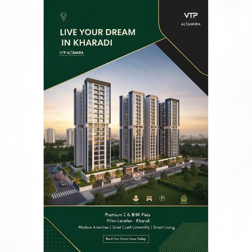 AI Design for Design a modern, eye-catching real estate flyer for a premium residential project inspired by VTP Altamira, Kharadi, Pune. Use a sophisticated color palette of emerald green, matte black, soft beige, and subtle gold accents to create a luxurious and upscale feel.

IMPORTANT: Use a building image that closely resembles the actual VTP Altamira project — contemporary high-rise towers with sleek glass façades, modern balconies, and signature architectural style. Ensure the structure looks realistic, premium, and similar to upscale developments in Kharadi.

Include landscaped gardens, open spaces, and a well-planned township environment. Show the buildings during golden hour or twilight with warm lighting and a subtle city skyline in the background.

Use a clean, premium layout with soft shadows, smooth gradients, and elegant, high-end typography. Maintain proper spacing for a professional brochure-like appearance.

Add bold headline:
“Live Your Dream in Kharadi”

Add content lines:
“Premium 2 & 3 BHK Flats”
“Prime Location – Kharadi”
“Starting from ₹1.30 Cr Onwards”
“Modern Amenities | Great Connectivity | Smart Living”

Add a strong call-to-action in a highlighted button style:
“Book Your Dream Home Today!”

Include minimal, modern icons representing gym, parking, security, and landscaped garden.

Make the flyer look like a luxury real estate advertisement suitable for Instagram, WhatsApp marketing, and print.