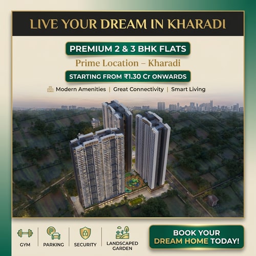 AI Design for Design a modern, eye-catching real estate flyer for a premium residential project inspired by VTP Altamira, Kharadi, Pune. Use a sophisticated color palette of emerald green, matte black, soft beige, and subtle gold accents to create a luxurious and upscale feel.

IMPORTANT: Use a building image that closely resembles the actual VTP Altamira project — contemporary high-rise towers with sleek glass façades, modern balconies, and signature architectural style. Ensure the structure looks realistic, premium, and similar to upscale developments in Kharadi.

Include landscaped gardens, open spaces, and a well-planned township environment. Show the buildings during golden hour or twilight with warm lighting and a subtle city skyline in the background.

Use a clean, premium layout with soft shadows, smooth gradients, and elegant, high-end typography. Maintain proper spacing for a professional brochure-like appearance.

Add bold headline:
“Live Your Dream in Kharadi”

Add content lines:
“Premium 2 & 3 BHK Flats” (Bold ,highlighted )
“Prime Location – Kharadi”
“Starting from ₹1.30 Cr Onwards” (Bold ,highlighted )
“Modern Amenities | Great Connectivity | Smart Living”

Add a strong call-to-action in a highlighted button style:
“Book Your Dream Home Today!”

Include minimal, modern icons representing gym, parking, security, and landscaped garden.

Make the flyer look like a luxury real estate advertisement suitable for Instagram, WhatsApp marketing, and print.

kindly use attached image in back ground