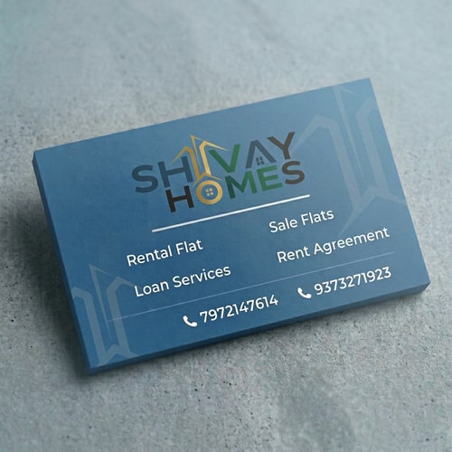 AI Design for make the above image straight and visible card in  little light blur  shade Design a clean and professional business card for a real estate company named SHIVAY HOMES. The card should include the following services: Rental Flat | Sale Flats | Loan Services | Rent Agreement. Use a modern layout with clear typography and subtle real estate-themed elements (like buildings or home icons). Include contact numbers: 7972147614 and 9373271923. Choose a color scheme that conveys trust and professionalism, such as blue, white, and grey. Keep the design minimal, elegant, and easy to read. use above attached shivay  homes logo  without back ground  use the above attached image  colour shade 
dont mage same image  change the patter