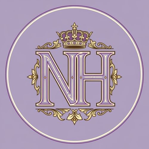 AI Design for Royal style N and H logo intertwined, pastel purple (lavender) and cream tones with rich gold detailing, ornate crown on top, classic serif font, luxurious and regal aesthetic, symmetrical design, premium branding, high detail, vector illustration