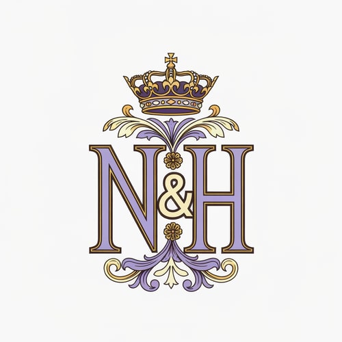 AI Design for Royal style N and H logo intertwined, pastel purple (lavender) and cream tones with rich gold detailing, ornate crown on top, classic serif font, luxurious and regal aesthetic, symmetrical design, premium branding, high detail, vector illustration