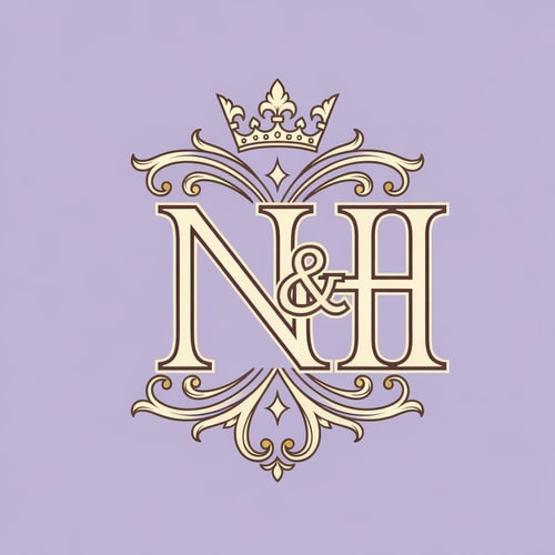 AI Design for "Royal style N and H logo intertwined, pastel purple (lavender) and cream tones with rich gold detailing, ornate crown on top, classic serif font, luxurious and regal aesthetic, symmetrical design, premium branding, high detail, vector illustration"