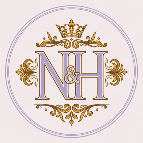 AI Design for Royal style N and H logo intertwined, pastel purple (lavender) and cream tones with rich gold detailing, ornate crown on top, classic serif font, luxurious and regal aesthetic, symmetrical design, premium branding, high detail, vector illustration