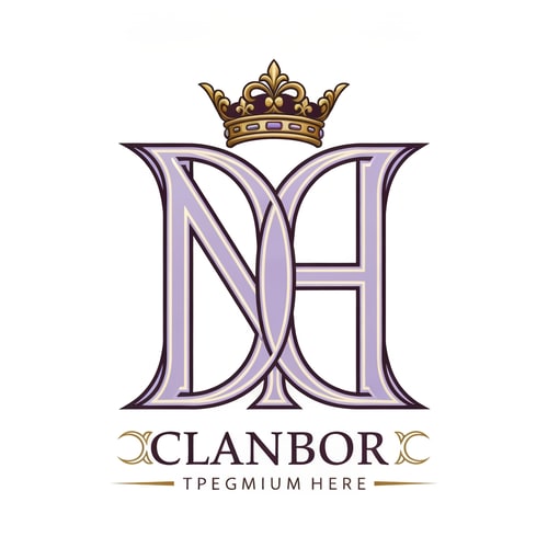 AI Design for "Royal style N and H logo intertwined, pastel purple (lavender) and cream tones with rich gold detailing, ornate crown on top, classic serif font, luxurious and regal aesthetic, symmetrical design, premium branding, high detail, vector illustration"