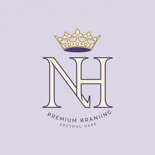 AI Design for "Royal style N and H logo intertwined, pastel purple (lavender) and cream tones with rich gold detailing, ornate crown on top, classic serif font, luxurious and regal aesthetic, symmetrical design, premium branding, high detail, vector illustration"