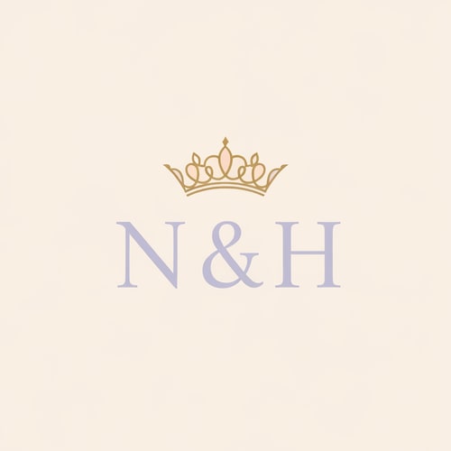 AI Design for Create an elegant luxury logo with the initials “N & H” in refined serif font. Add a feminine princess crown above the letters, delicate and stylish, designed with soft curves. Use light lavender and creamy beige tones with gold detailing for a premium feminine appearance. The logo should feel graceful, modern, luxurious, and classy. Feminine royal logo design, minimal premium branding, soft luxury style, beauty brand logo, elegant and timeless.