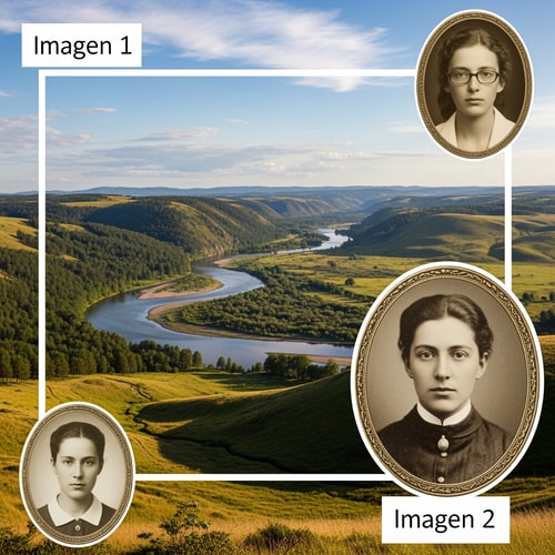 AI Design for Pon a la persona que esta en la imagen 2, en la imagen 1 pero abajo a la derecha,. No cambies nada de la imagen 1, ni la cara de la persona de la imagen 2, solo pon la cara con el mismo formato de las demas imagenes y que tenga como un estilo de carnet/arbol genealogico. Pero solo copia y pega la cara