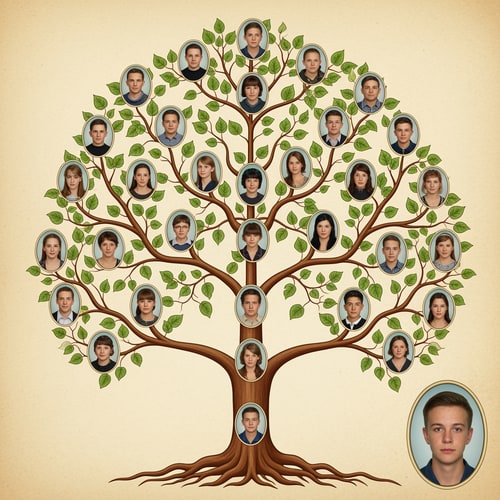 AI Design for Pon a la persona que esta en la imagen 2, en la imagen 1 pero abajo a la derecha,. No cambies nada de la imagen 1, ni la cara de la persona de la imagen 2, solo pon la cara con el mismo formato de las demas imagenes y que tenga como un estilo de carnet/arbol genealogico. Pero solo copia y pega la cara