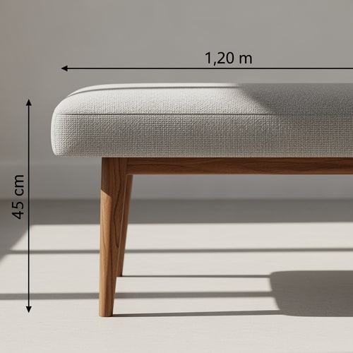 AI Design for Create a bench with a height of 45 cm from the floor and a length of 1.20 m. It stands on wooden legs and is upholstered in a stone-colored fabric with a subtle texture.