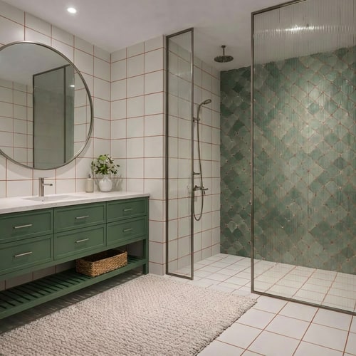 AI Design for Based on this image, replace the green grout between the tiles with a warm terracotta (hamra) color.