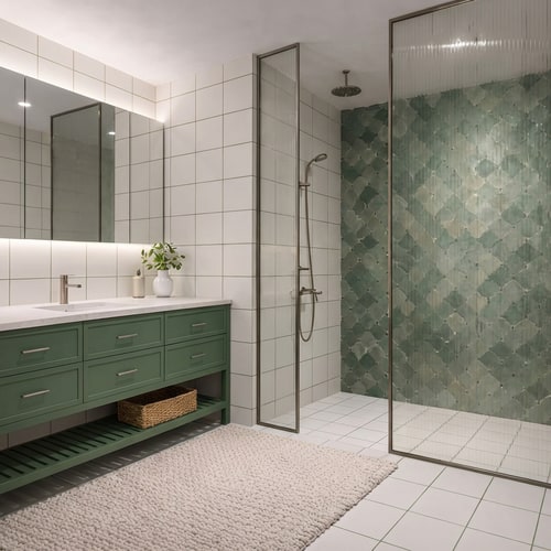 AI Design for BASED ON THIS PICTURE, Replace ALL existing grey floor and wall tiles with white 20x20 cm ceramic tiles, featuring subtle green grout lines in a soft smoky/olive green tone. Matte finish, clean and graphic look, calm and refined, consistent grout spacing.