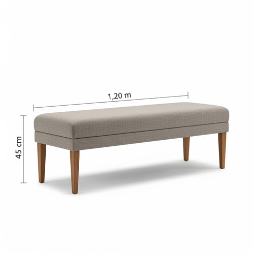 AI Design for Create a bench with a height of 45 cm from the floor and a length of 1.20 m. It stands on wooden legs and is upholstered in a stone-colored fabric with a subtle texture.