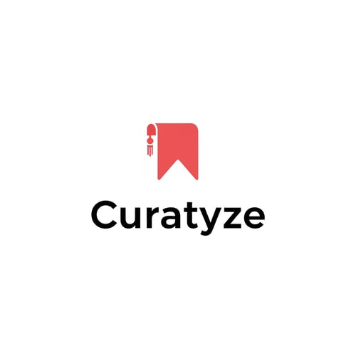 AI Design for A clean, professional, flat-design logo for a tech brand, incorporating a stylized, minimalist icon of a notched bookmark with a subtle hanging tassel, positioned above the bold black sans-serif brand name — Highly simplified, centered presentation with distinct separation between the symbol and the typography — The icon utilizes a soft red background t; the typography is pure black against a crisp white background — High-key, clean, graphic mood with strict flat, uniform light and zero shadows or reflections — Contemporary minimalist vector art; professional graphic design intended for high-resolution digital use; strict 2D flat design methodology — Must function as a modern logo; keep text/logos/labels EXACTLY unchanged: "Curatyze"; no rewriting, redrawing, correcting, or adding any text; avoid 3D effects, photorealism, or texture — Isolated on a perfectly pure white canvas suitable for professional branding applications.