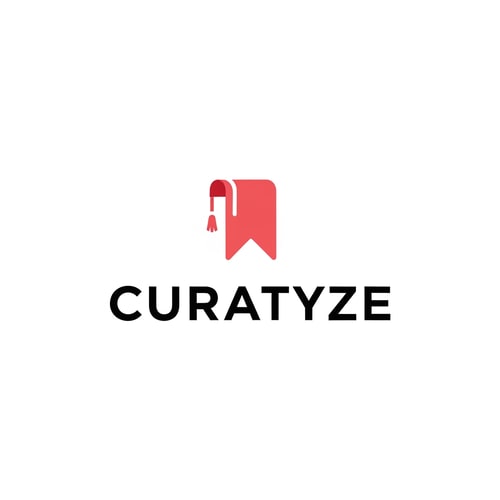 AI Design for A clean, professional, flat-design logo for a tech brand, incorporating a stylized, minimalist icon of a notched bookmark with a subtle hanging tassel, positioned above the bold black sans-serif brand name — Highly simplified, centered presentation with distinct separation between the symbol and the typography — The icon utilizes a soft red background t; the typography is pure black against a crisp white background — High-key, clean, graphic mood with strict flat, uniform light and zero shadows or reflections — Contemporary minimalist vector art; professional graphic design intended for high-resolution digital use; strict 2D flat design methodology — Must function as a modern logo; keep text/logos/labels EXACTLY unchanged: "Curatyze"; no rewriting, redrawing, correcting, or adding any text; avoid 3D effects, photorealism, or texture — Isolated on a perfectly pure white canvas suitable for professional branding applications.