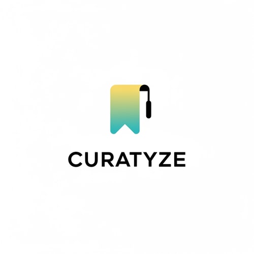 AI Design for A professional brand identity logo featuring a highly stylized, minimalist notched bookmark icon with a slim hanging tassel positioned immediately above the bold sans-serif wordmark "Curatyze" — Centered composition suitable for high-impact branding; close-up view — Icon uses a smooth, soft yellow-to-teal gradient transition; typography is solid bold black — Flat, high-key studio lighting emphasizes a clean, depthless, professional aesthetic; tech-focused mood — Modern vector graphic; clean flat design ethos (avoid 3D effects or texture) — Generate a single finalized logo image; keep text/logos/labels EXACTLY unchanged; no rewriting, redrawing, correcting, or adding any text — Pure white background.