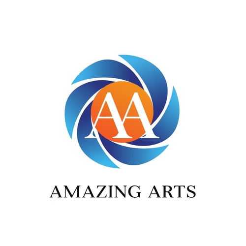 AI Design for create a minimal attractive film production company, the client 's previous logo is a monogram featurig double serif letters AA conjoined , the company name is "Amazing Arts ", the client need to improvise the olden logo , the color combinations are orange and gradient blue, give me a few options for a modern film production logoin abstract but not too absract , the typeface should  feature the serif font ,yet modern vibe