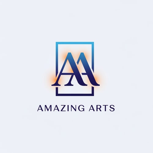 AI Design for Create a modern logo for a film production company called “Amazing Arts.”
The logo should refine and modernize an existing monogram of two serif “A” letters joined together.
The monogram should subtly resemble a film frame or cinema screen shape, symbolizing storytelling and production.
Use elegant modern serif typography for both the monogram and the brand name.
Apply a gradient blue base with orange cinematic glow accents, inspired by film lighting and studio spotlights.
Style should be minimal, cinematic, sophisticated, professional film studio branding.
The symbol should feel iconic but not overly abstract.
Clean vector logo, brand identity mockup.