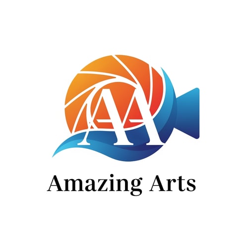AI Design for create a minimal attractive film production company, the client 's previous logo is a monogram featurig double serif letters AA conjoined , the company name is "Amazing Arts ", the client need to improvise the olden logo , the color combinations are orange and gradient blue, give me a few options for a modern film production logoin abstract but not too absract , the typeface should  feature the serif font ,yet modern vibe