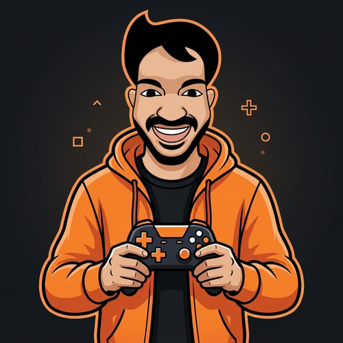 AI Design for A clean vector mascot character of a smiling man with a mustache, matching a flat cartoon avatar style, bold black outlines, smooth shading. The character is wearing an open orange hoodie with black inner shirt, modern gaming style. He is holding a game controller with both hands in front of his chest. The controller is minimal, dark with orange and white buttons. The hoodie has soft shading and highlights similar to the face style. Symmetrical composition, centered, logo design style, high contrast orange and black color theme, clean background, esports mascot style, modern and professional.