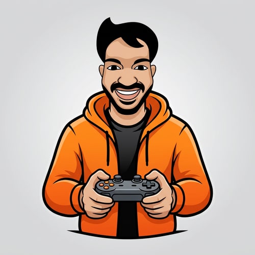 AI Design for A clean vector mascot character of a smiling man with a mustache, matching a flat cartoon avatar style, bold black outlines, smooth shading. The character is wearing an open orange hoodie with black inner shirt, modern gaming style. He is holding a game controller with both hands . The controller is minimal. . The hoodie has soft shading and highlights similar to the face style. Symmetrical composition, centered, logo design style, high contrast orange and black color theme, clean background, esports mascot style, modern and professional.