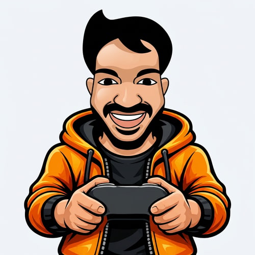 AI Design for A clean vector mascot character of a smiling man with a mustache, matching a flat cartoon avatar style, bold black outlines, smooth shading. The character is wearing an open orange hoodie with black inner shirt, modern gaming style. He is holding a game controller with both hands . The controller is minimal. . The hoodie has soft shading and highlights similar to the face style. Symmetrical composition, centered, logo design style, high contrast orange and black color theme, clean background, esports mascot style, modern and professional.
need this body proportions but newly generated 2nd  picture