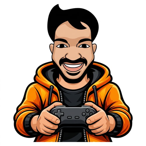 AI Design for A clean vector mascot character of a smiling man with a mustache, matching a flat cartoon avatar style, bold black outlines, smooth shading. The character is wearing an open orange hoodie with black inner shirt, modern gaming style. He is holding a game controller with both hands . The controller is minimal. . The hoodie has soft shading and highlights similar to the face style. Symmetrical composition, centered, logo design style, high contrast orange and black color theme, clean background, esports mascot style, modern and professional.
need this body proportions but newly generated 2nd  picture