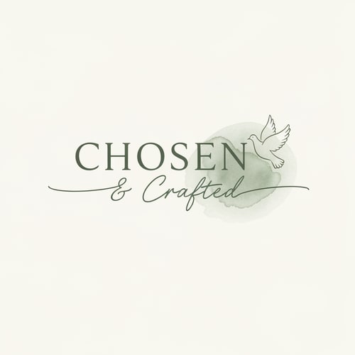 AI Design for Minimal elegant logo for ‘Chosen & Crafted’ with soft serif + handwritten script, neutral beige and sage green palette, subtle olive branch or dove, watercolor texture, warm handmade aesthetic, clean and premium, minimal design