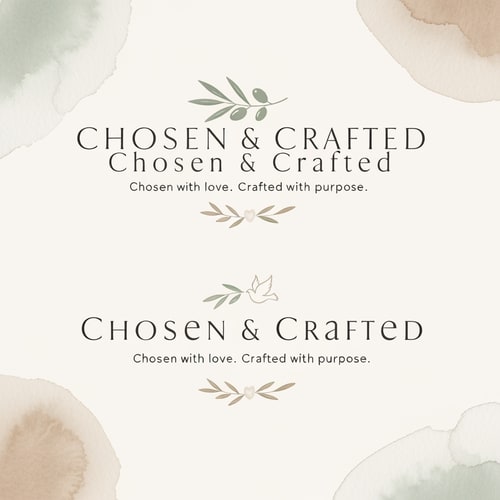AI Design for Design a minimal, elegant logo for a faith-inspired handmade gifting brand named “Chosen & Crafted” with the tagline “Chosen with love. Crafted with purpose.”

The logo should reflect a soft, warm, and meaningful aesthetic, conveying a sense of intentional gifting, love, and craftsmanship. The overall style must feel premium yet personal, avoiding anything bold, loud, or overly decorative.

Use a refined combination of typography:

A clean, elegant serif or modern minimalist font for the brand name
Paired with a subtle handwritten or calligraphy-style script to add a handcrafted, personal touch

Incorporate very minimal symbolic elements, such as:

A delicate olive branch, soft floral accent, or subtle dove motif
Keep symbols light, airy, and understated (not dominant)

Color palette should be soft and neutral, including:

Off-white / ivory base
Beige and soft brown tones
Muted sage or earthy green accents

The composition should be balanced and versatile, suitable for:

Instagram branding
Packaging (stickers, thank-you cards)
Greeting cards and wedding trays

The logo must maintain clarity in both horizontal and stacked versions, and should also work well in monochrome.

Lighting and texture inspiration:

Soft watercolor wash backgrounds
Gentle paper texture feel
Subtle brush or ink detailing

Mood keywords:
minimal, elegant, soft, feminine, handcrafted, warm, intentional, faith-inspired, timeless

Avoid:

Bold or heavy fonts
Bright or saturated colors
Overly religious or complex symbols
Cluttered layouts