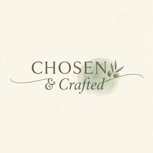 AI Design for Minimal elegant logo for ‘Chosen & Crafted’ with soft serif + handwritten script, neutral beige and sage green palette, subtle olive branch or dove, watercolor texture, warm handmade aesthetic, clean and premium, minimal design