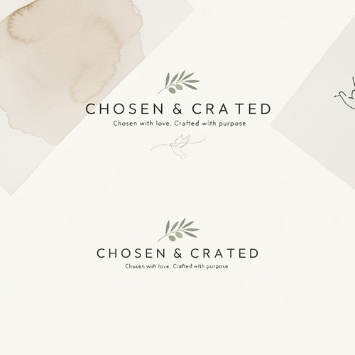 AI Design for Design a minimal, elegant logo for a faith-inspired handmade gifting brand named “Chosen & Crafted” with the tagline “Chosen with love. Crafted with purpose.”

The logo should reflect a soft, warm, and meaningful aesthetic, conveying a sense of intentional gifting, love, and craftsmanship. The overall style must feel premium yet personal, avoiding anything bold, loud, or overly decorative.

Use a refined combination of typography:

A clean, elegant serif or modern minimalist font for the brand name
Paired with a subtle handwritten or calligraphy-style script to add a handcrafted, personal touch

Incorporate very minimal symbolic elements, such as:

A delicate olive branch, soft floral accent, or subtle dove motif
Keep symbols light, airy, and understated (not dominant)

Color palette should be soft and neutral, including:

Off-white / ivory base
Beige and soft brown tones
Muted sage or earthy green accents

The composition should be balanced and versatile, suitable for:

Instagram branding
Packaging (stickers, thank-you cards)
Greeting cards and wedding trays

The logo must maintain clarity in both horizontal and stacked versions, and should also work well in monochrome.

Lighting and texture inspiration:

Soft watercolor wash backgrounds
Gentle paper texture feel
Subtle brush or ink detailing

Mood keywords:
minimal, elegant, soft, feminine, handcrafted, warm, intentional, faith-inspired, timeless

Avoid:

Bold or heavy fonts
Bright or saturated colors
Overly religious or complex symbols
Cluttered layouts